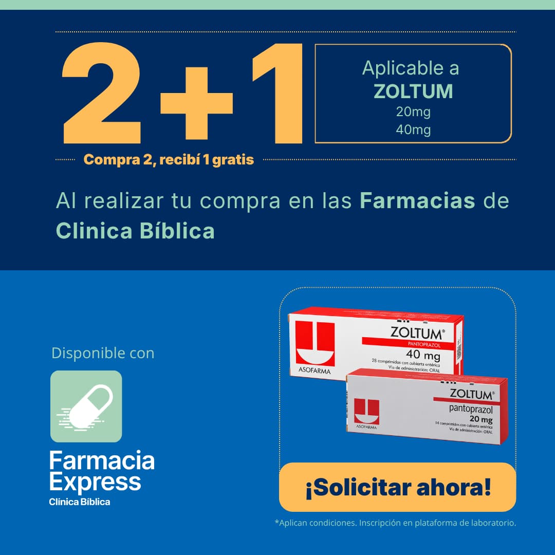 Promoción 2+1 en medicamento Zoltum de 20 mg y 40 mg (Pantoprazol) para Farmacias de Clínica Bíblica y Farmacia Express, con la leyenda compra 2 y recibe 1 gratis junto a las cajas del producto Asofarma.