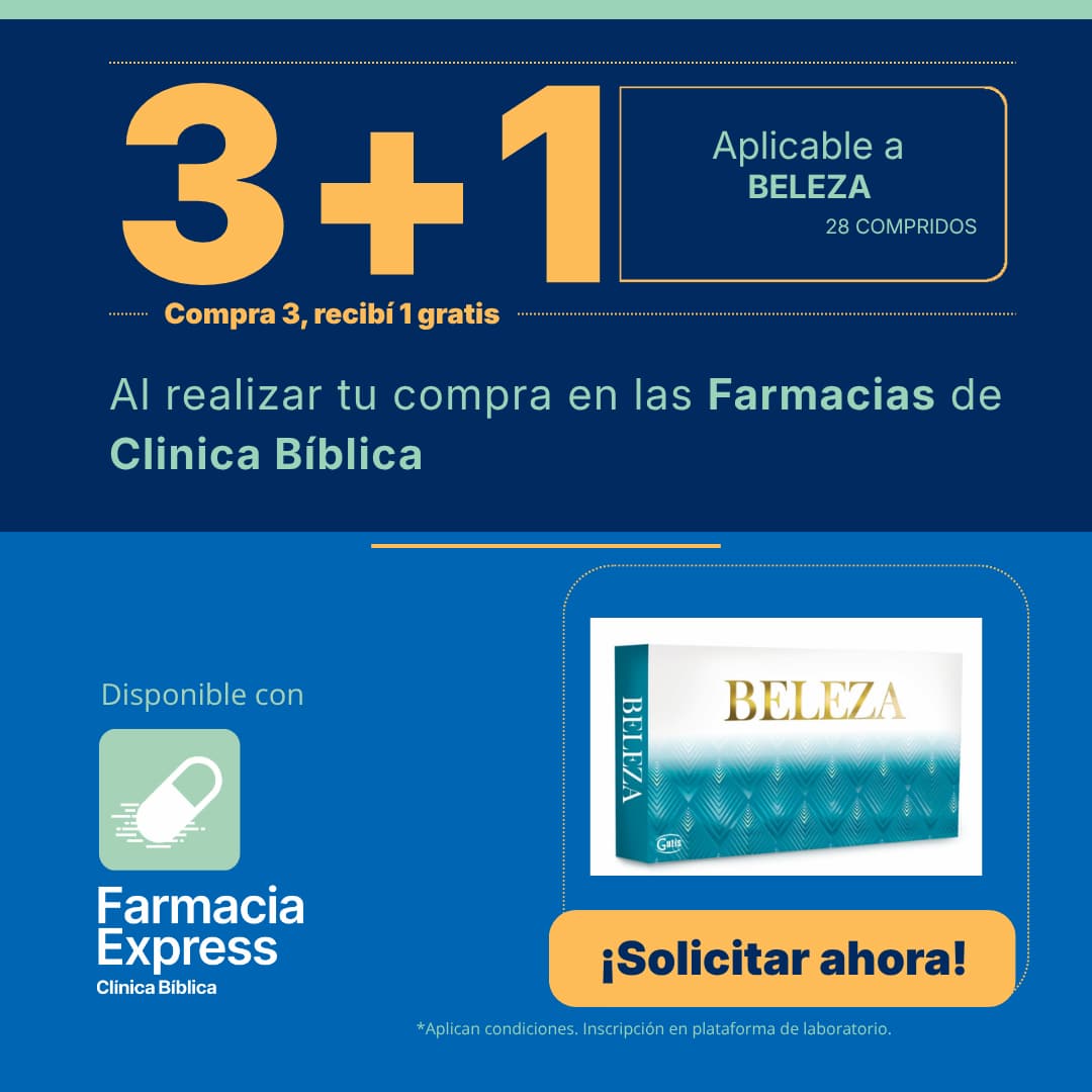 Banner promocional de oferta 3+1 en el producto Beleza de 28 comprimidos en Farmacias de Clínica Bíblica, con imagen de la caja de Beleza de laboratorio Gutis y botón Solicitar ahora.