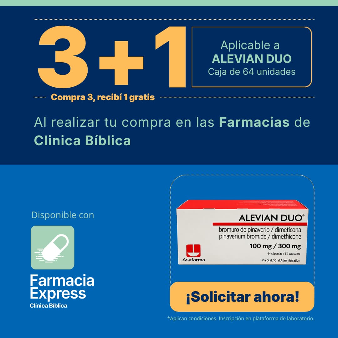 Promoción 3+1 en medicamento Alevian Duo de 100 mg / 300 mg (Bromuro de Pinaverio y Dimeticona) para Farmacias de Clínica Bíblica y Farmacia Express, con la leyenda compra 3 y recibe 1 gratis junto a la caja del producto Asofarma.