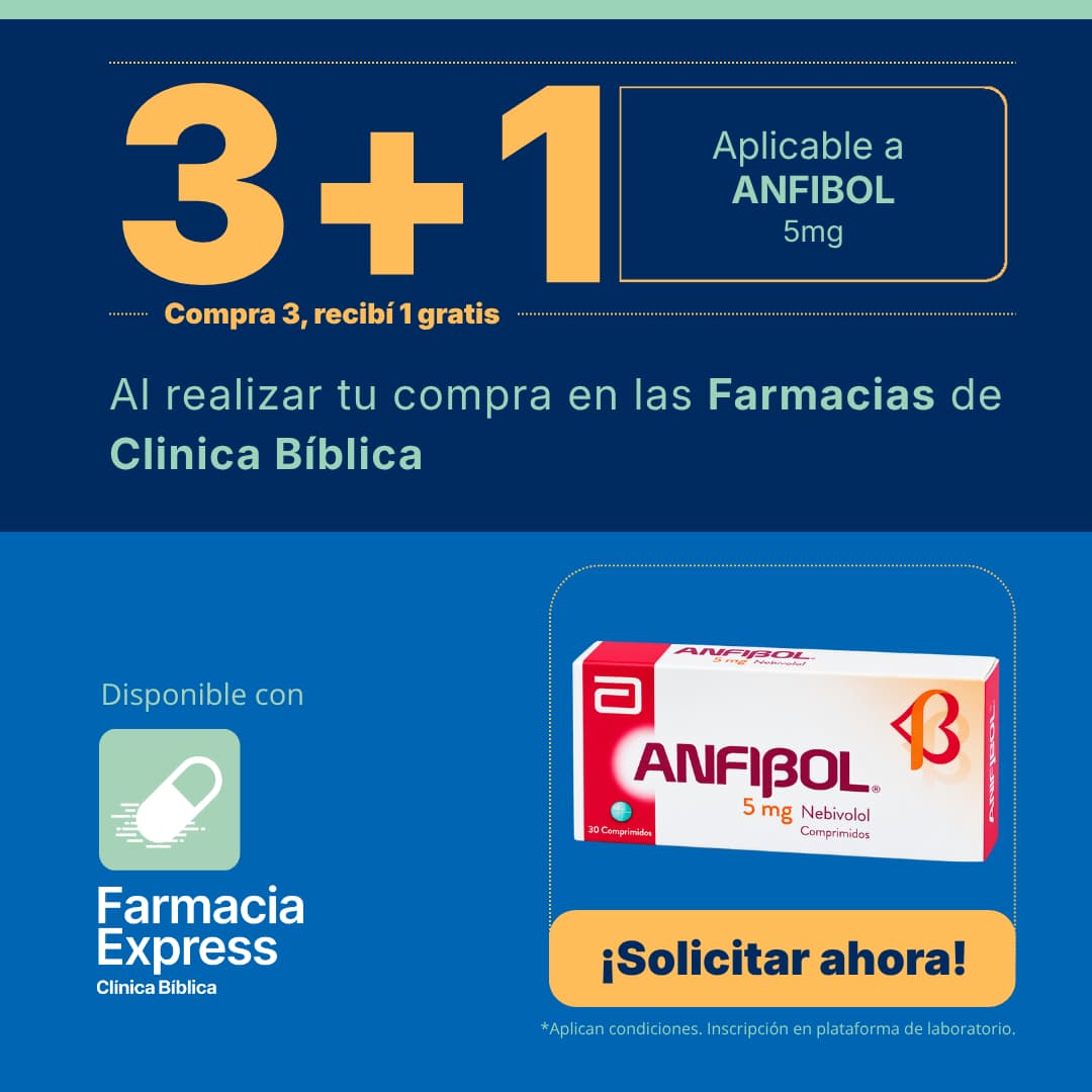 Promoción 3+1 en medicamento Anfibol de 5 mg (Nebivolol) para Farmacias de Clínica Bíblica y Farmacia Express, con la leyenda compra 3 y recibe 1 gratis junto a la caja del producto Abbott.