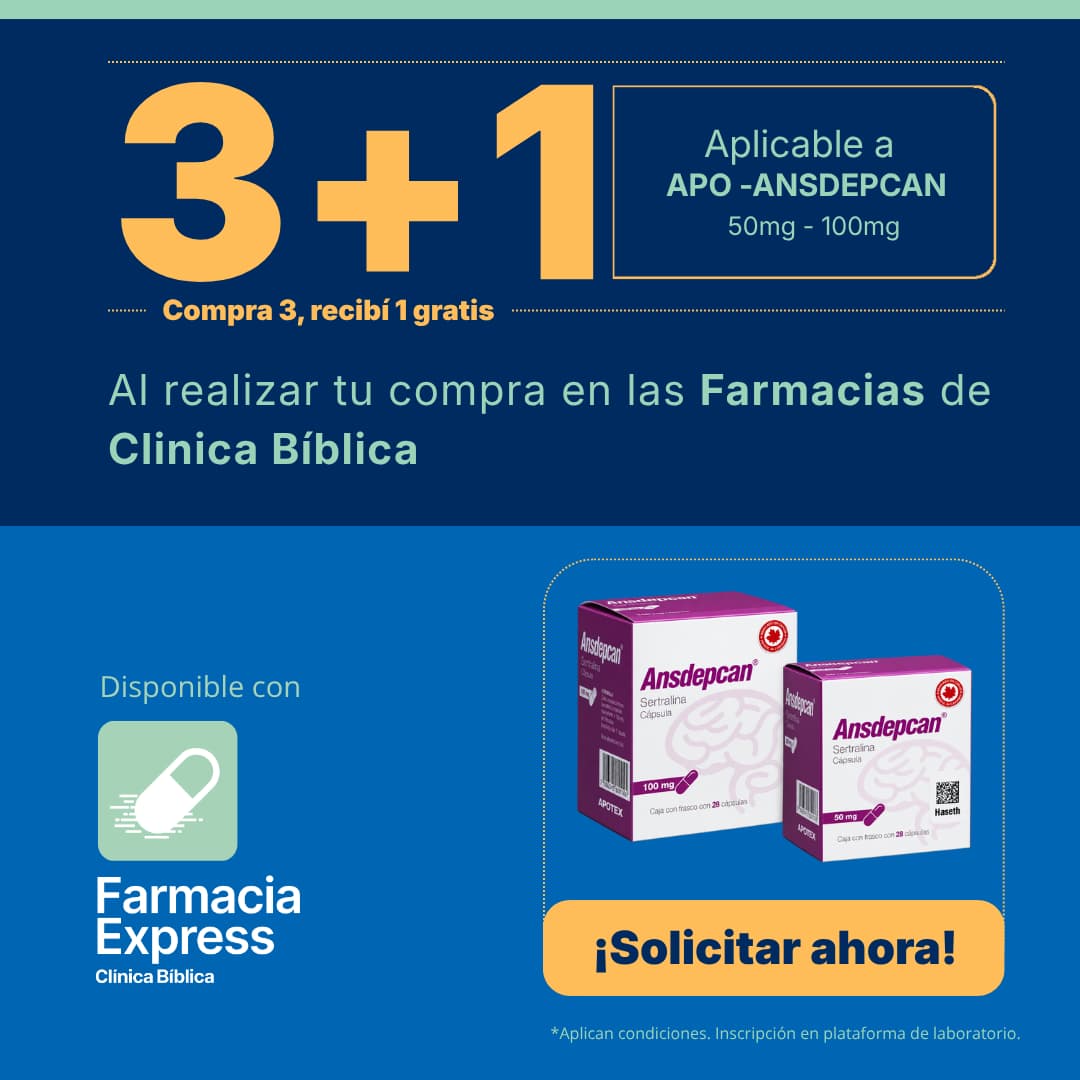 Promoción 3+1 en medicamento Apo-Ansdepcan de 50 mg y 100 mg (Sertralina) para Farmacias de Clínica Bíblica y Farmacia Express, con la leyenda compra 3 y recibe 1 gratis junto a las cajas del producto Apotex.