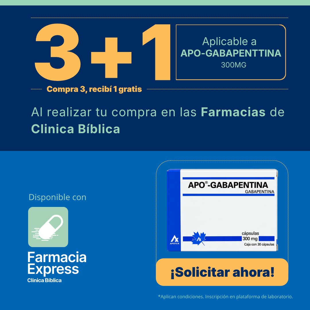 Promoción 3+1 en medicamento Apo-Gabapentina de 300 mg (Gabapentina) para Farmacias de Clínica Bíblica y Farmacia Express, con la leyenda compra 3 y recibe 1 gratis junto a la caja del producto Apotex.