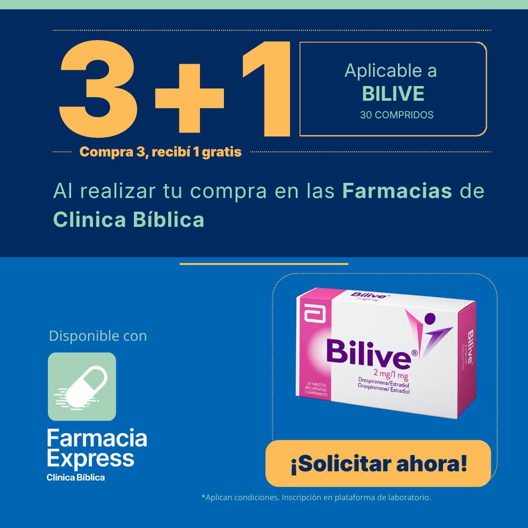 Promoción 3+1 en medicamento Bilive de 2 mg/1 mg (Drospirenona y Estradiol) para Farmacias de Clínica Bíblica y Farmacia Express, con la leyenda compra 3 y recibe 1 gratis junto a la caja del producto Abbott.