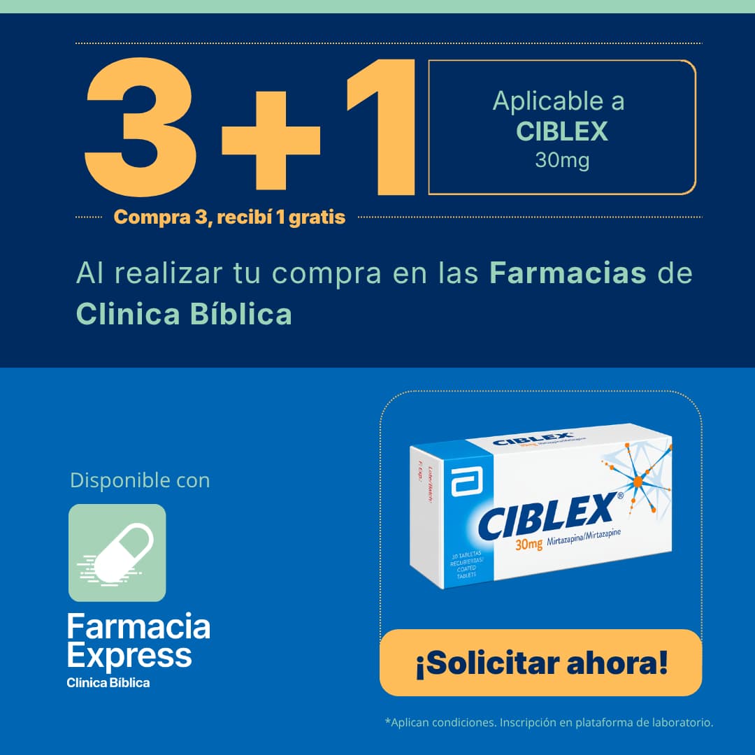 Promoción 3+1 en medicamento Ciblex de 30 mg (Mirtazapina) para Farmacias de Clínica Bíblica y Farmacia Express, con la leyenda compra 3 y recibe 1 gratis junto a la caja del producto Abbott.