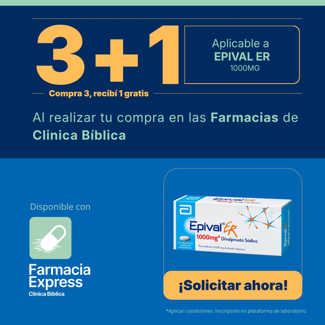 Banner promocional 3+1 en Epival ER 1000mg de Farmacias Clínica Bíblica, mostrando empaque de Divalproato Sódico, botón de solicitar ahora y disponibilidad en Farmacia Express.