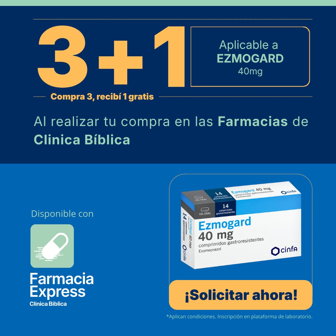 Promoción 3+1 en medicamento Ezmogard de 40 mg (Esomeprazol) para Farmacias de Clínica Bíblica y Farmacia Express, con la leyenda compra 3 y recibe 1 gratis junto a la caja del producto Cinfa.