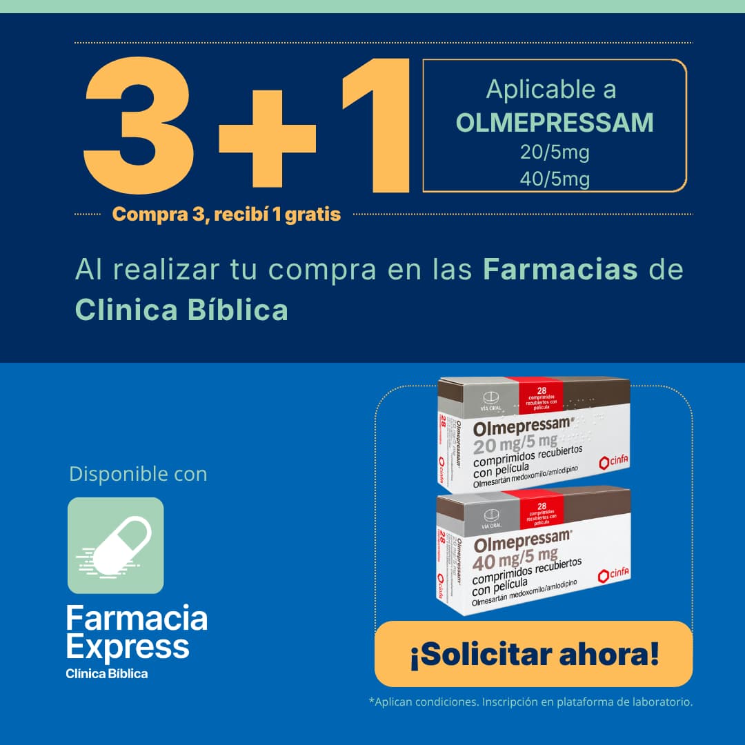 Promoción 3+1 en medicamento Olmepressam de 20/5 mg y 40/5 mg (Olmesartán Medoxomilo y Amlodipino) para Farmacias de Clínica Bíblica y Farmacia Express, con la leyenda compra 3 y recibe 1 gratis junto a las cajas del producto Cinfa.