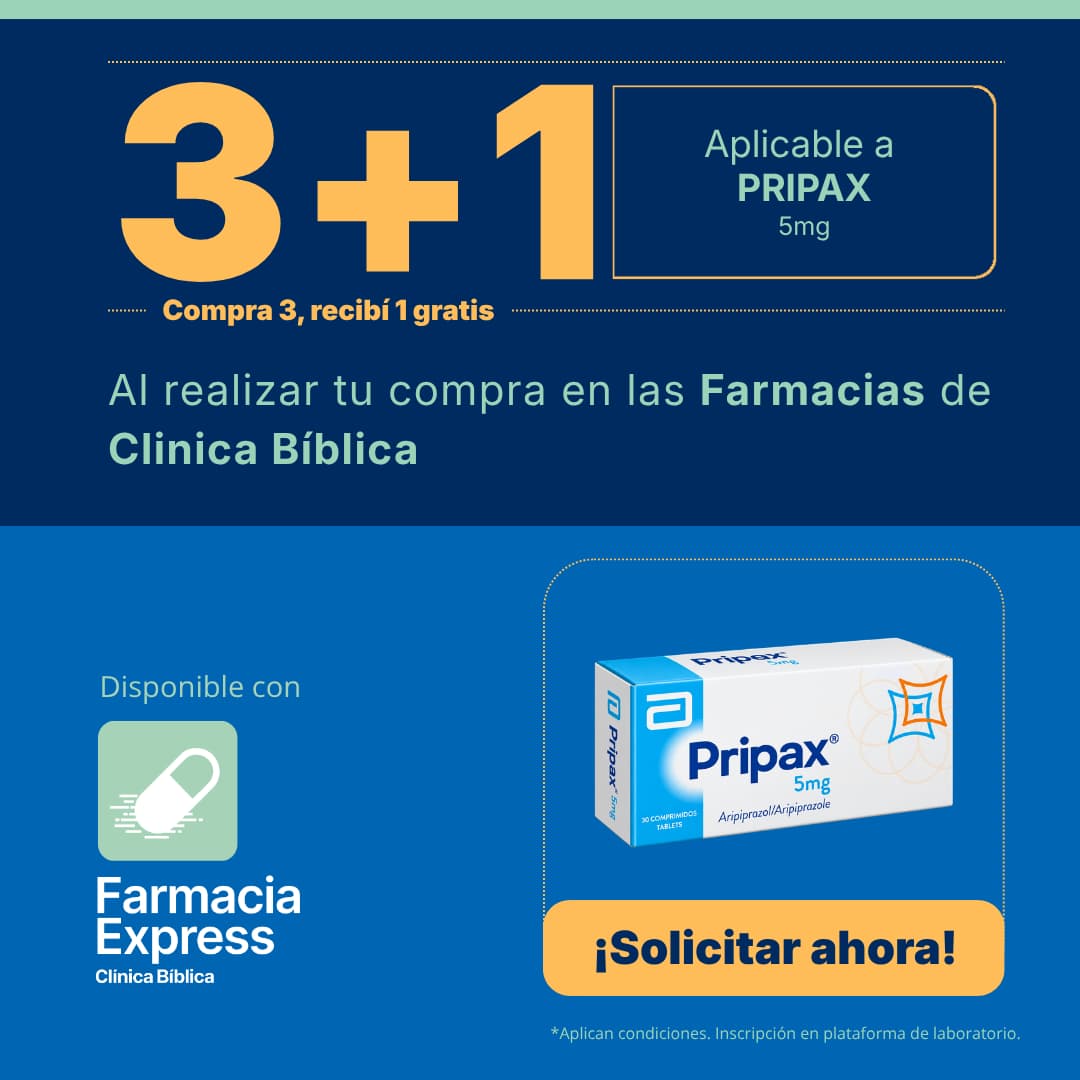 Promoción 3+1 en medicamento Pripax de 5 mg (Aripiprazol) para Farmacias de Clínica Bíblica y Farmacia Express, con la leyenda compra 3 y recibe 1 gratis junto a la caja del producto Abbott.