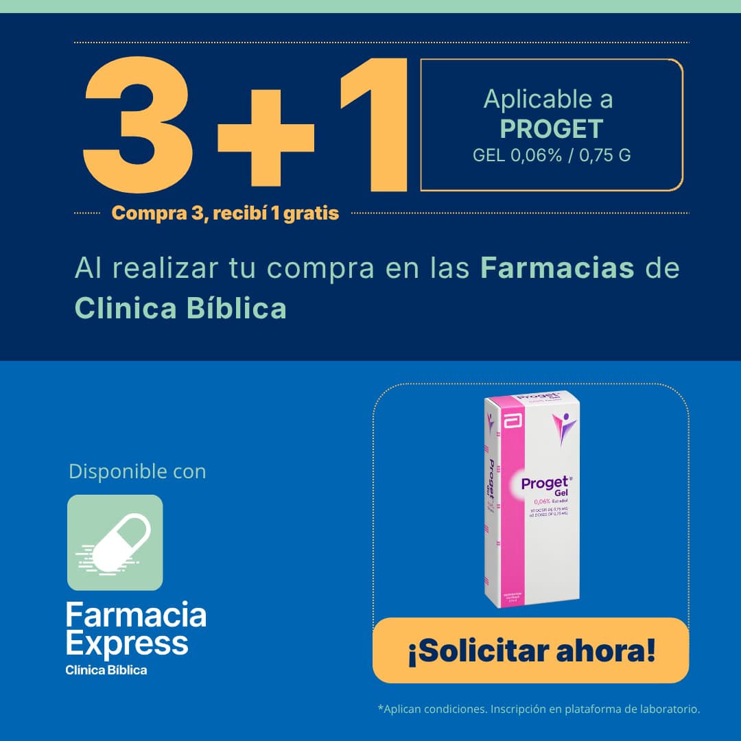 Promoción 3+1 en medicamento Proget Gel 0,06% (Estradiol) para Farmacias de Clínica Bíblica y Farmacia Express, con la leyenda compra 3 y recibe 1 gratis junto a la caja del producto Abbott.