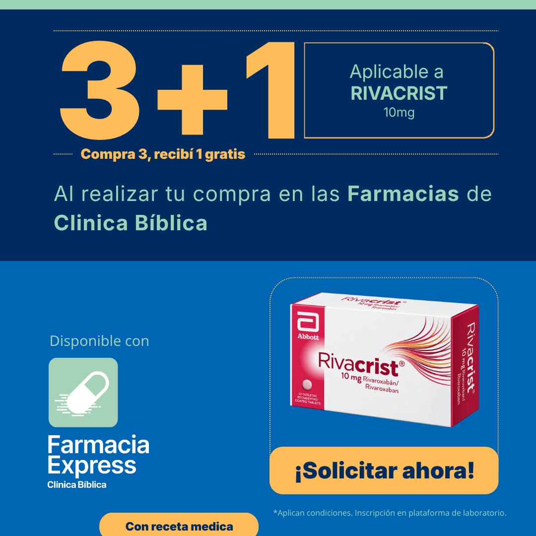 Promoción 3+1 en medicamento Rivacrist de 10 mg (Rivaroxabán) para Farmacias de Clínica Bíblica y Farmacia Express, con la leyenda compra 3 y recibe 1 gratis junto a la caja del producto Abbott.