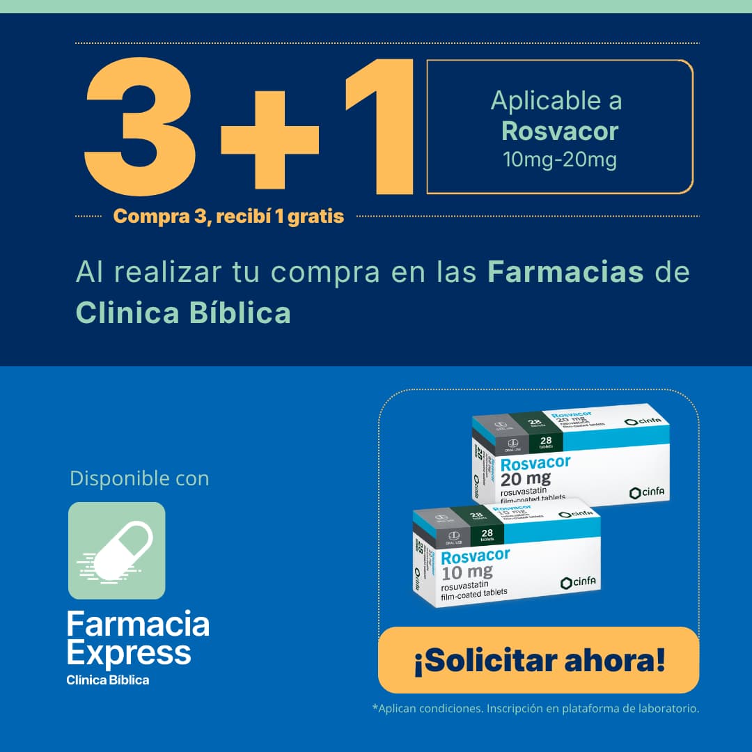 Promoción 3+1 en medicamento Rosvacor de 10 mg y 20 mg (Rosuvastatina) para Farmacias de Clínica Bíblica y Farmacia Express, con la leyenda compra 3 y recibe 1 gratis junto a las cajas del producto Cinfa.