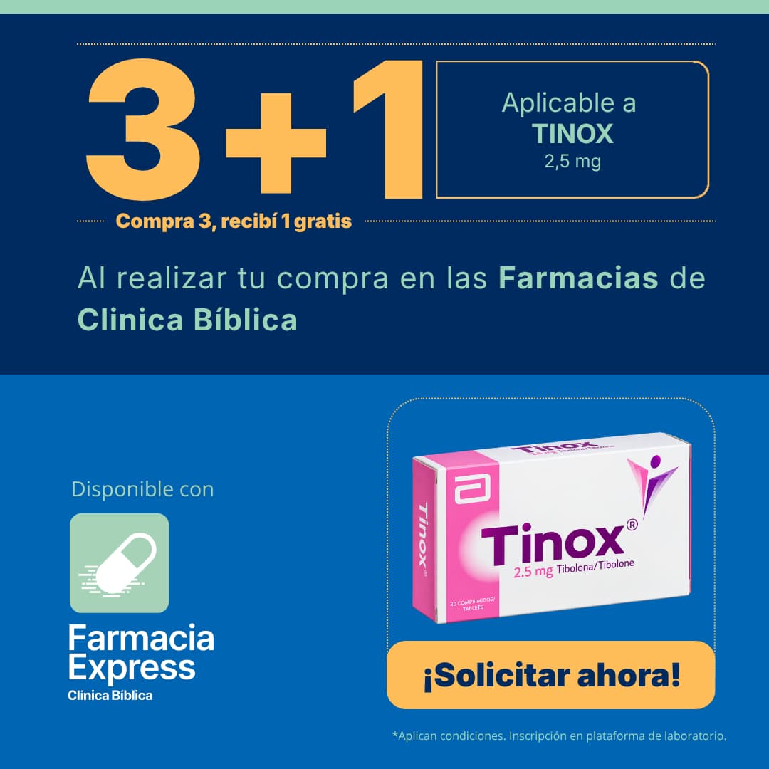 Promoción 3+1 en medicamento Tinox de 2,5 mg (Tibolona) para Farmacias de Clínica Bíblica y Farmacia Express, con la leyenda compra 3 y recibe 1 gratis junto a la caja del producto Abbott.