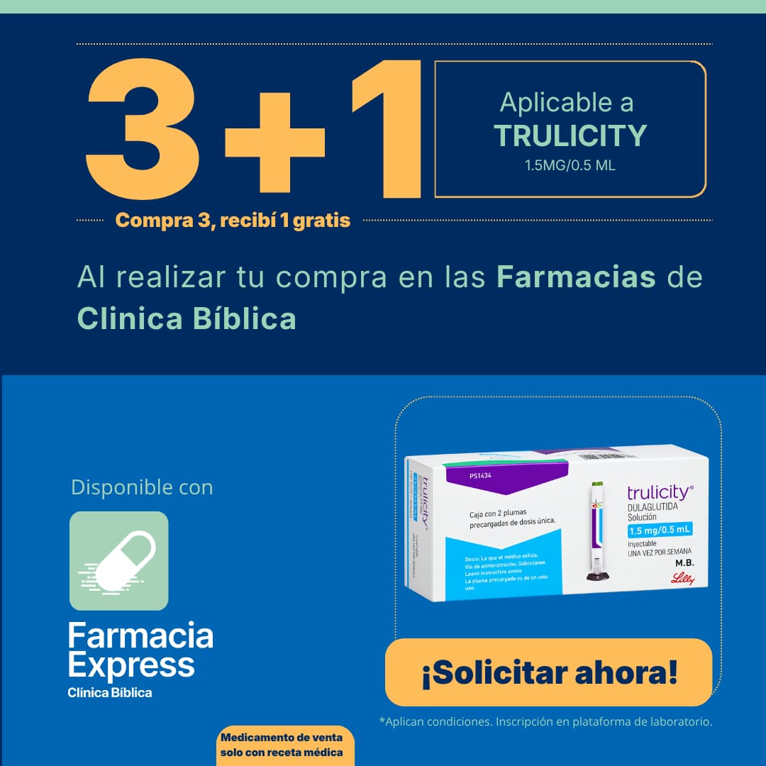 Banner promocional 3+1 en Trulicity 1.5mg/0.5ml de Farmacias Clínica Bíblica, mostrando empaque de dulaglutida Lilly con 2 plumas precargadas, botón de solicitar ahora, disponibilidad en Farmacia Express y requerimiento de receta médica.