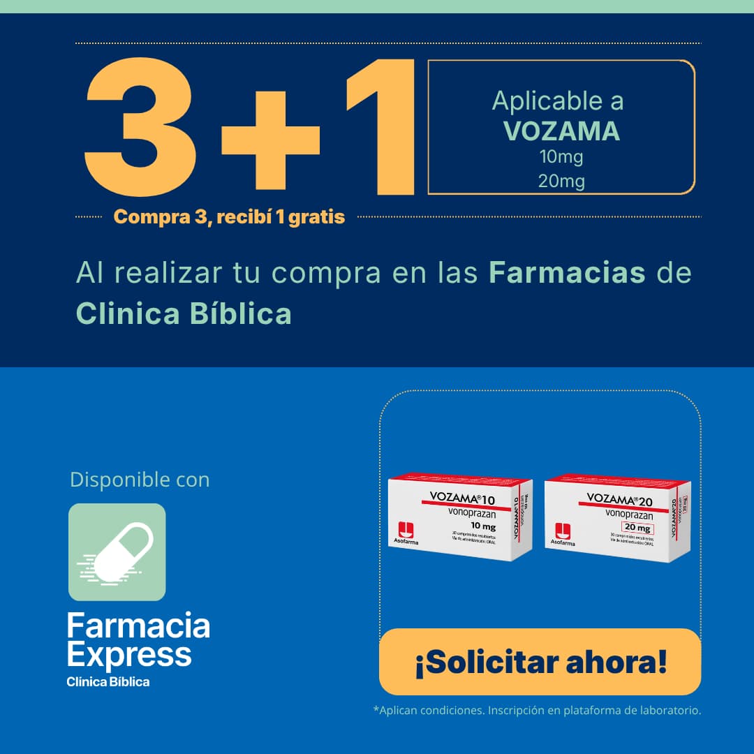 Promoción 3+1 en medicamento Vozama de 10 mg y 20 mg (Vonoprazan) para Farmacias de Clínica Bíblica y Farmacia Express, con la leyenda compra 3 y recibe 1 gratis junto a las cajas del producto Asofarma.