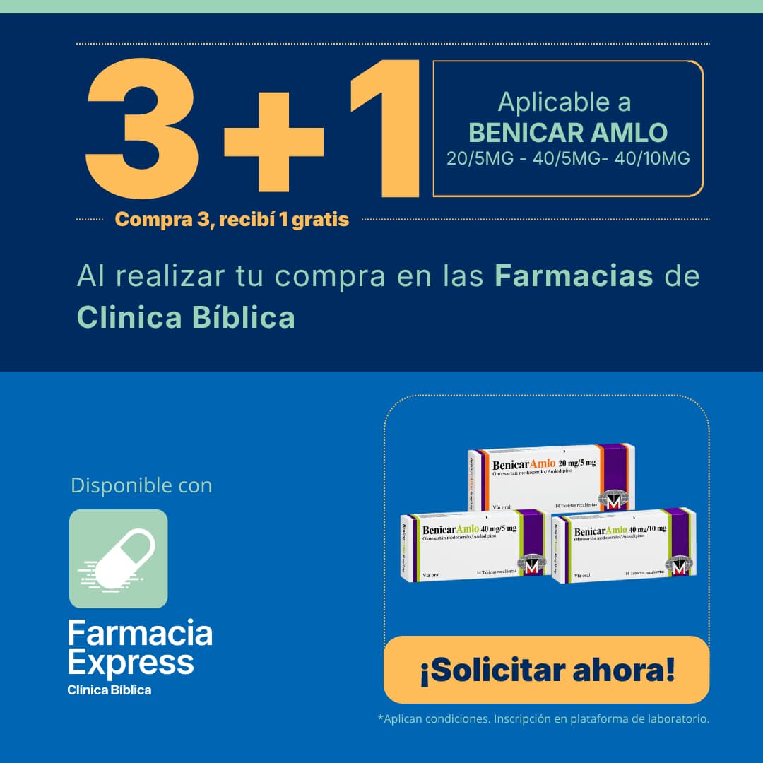 Banner promocional de la oferta 3+1 en medicamento Benicar Amlo en Farmacias de Clínica Bíblica. Incluye presentaciones de 20/5mg, 40/5mg y 40/10mg, cajas del producto y el logo de Farmacia Express con el botón Solicitar ahora.