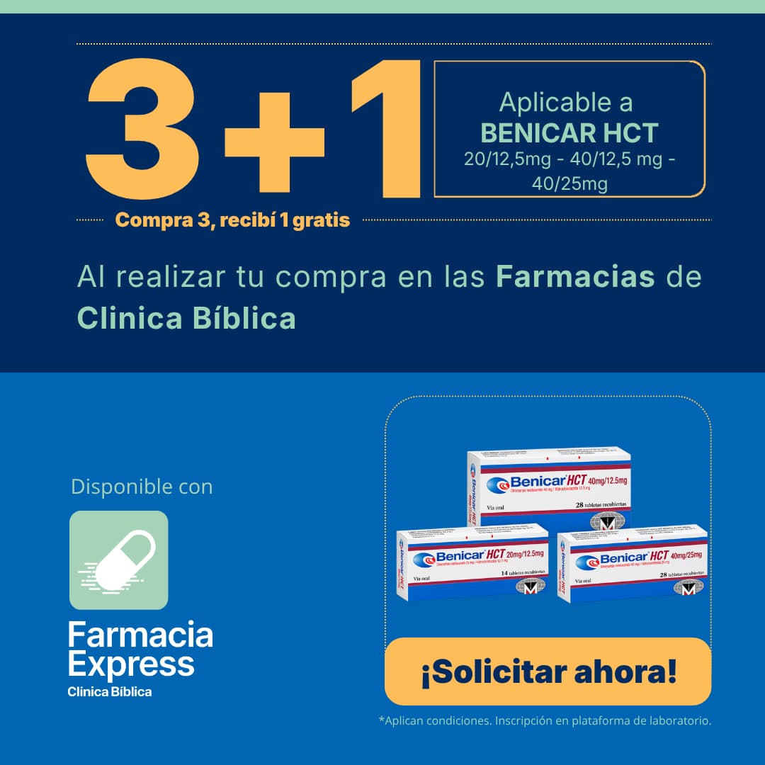 Banner promocional de la oferta 3+1 en medicamento Benicar HCT en Farmacias de Clínica Bíblica. Incluye presentaciones de 20/12,5mg, 40/12,5mg y 40/25mg, cajas del producto y logo de Farmacia Express con el botón Solicitar ahora.