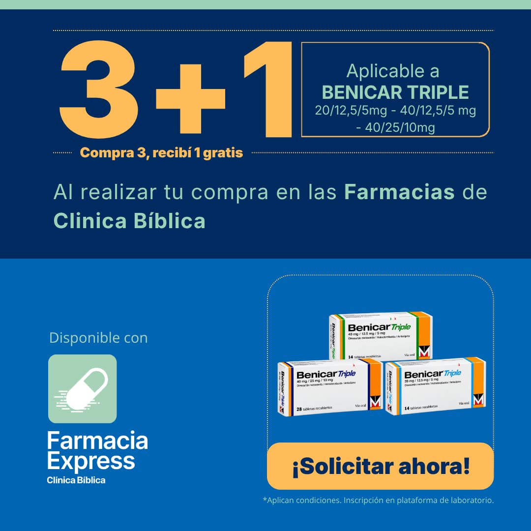 Banner promocional de la oferta 3+1 en medicamento Benicar Triple en Farmacias de Clínica Bíblica. Incluye presentaciones de 20/12,5/5mg, 40/12,5/5mg y 40/25/10mg, cajas del producto y el logo de Farmacia Express con el botón Solicitar ahora.