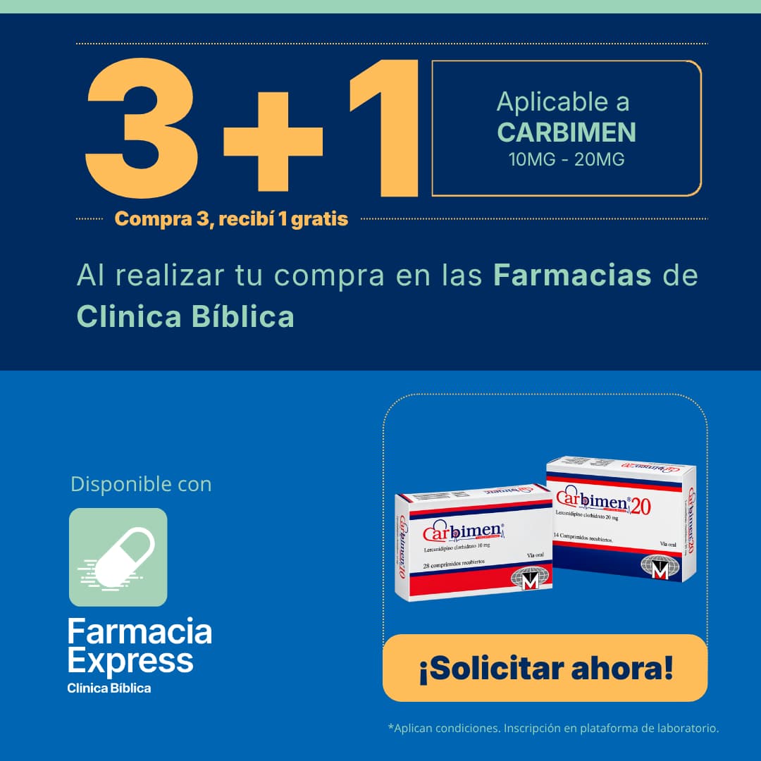 Banner promocional de la oferta 3+1 en medicamento Carbimen en Farmacias de Clínica Bíblica. Muestra cajas de 10mg y 20mg junto al logo de Farmacia Express y el botón Solicitar ahora.