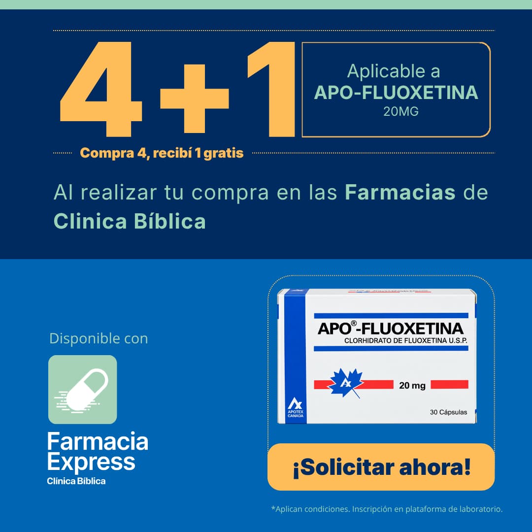 Promoción 4+1 en medicamento Apo-Fluoxetina de 20 mg (Clorhidrato de Fluoxetina) para Farmacias de Clínica Bíblica y Farmacia Express, con la leyenda compra 4 y recibe 1 gratis junto a la caja del producto Apotex.