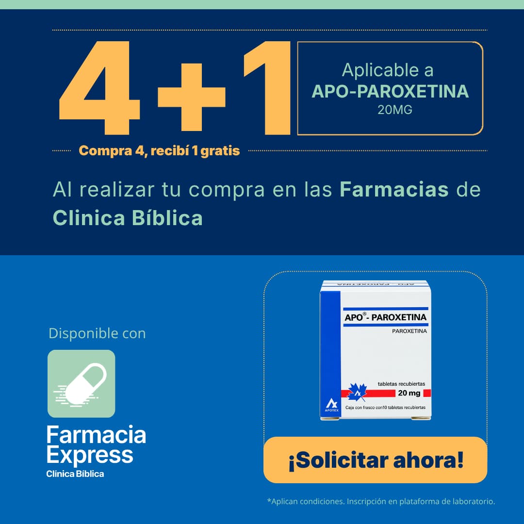 Promoción 4+1 en medicamento Apo-Paroxetina de 20 mg (Paroxetina) para Farmacias de Clínica Bíblica y Farmacia Express, con la leyenda compra 4 y recibe 1 gratis junto a la caja del producto Apotex.