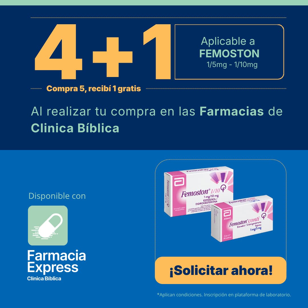 Promoción 4+1 en medicamento Femoston de 1/5 mg y 1/10 mg (Estradiol y Didrogesterona) para Farmacias de Clínica Bíblica y Farmacia Express, con la leyenda compra 5 y recibe 1 gratis junto a las cajas del producto Abbott.