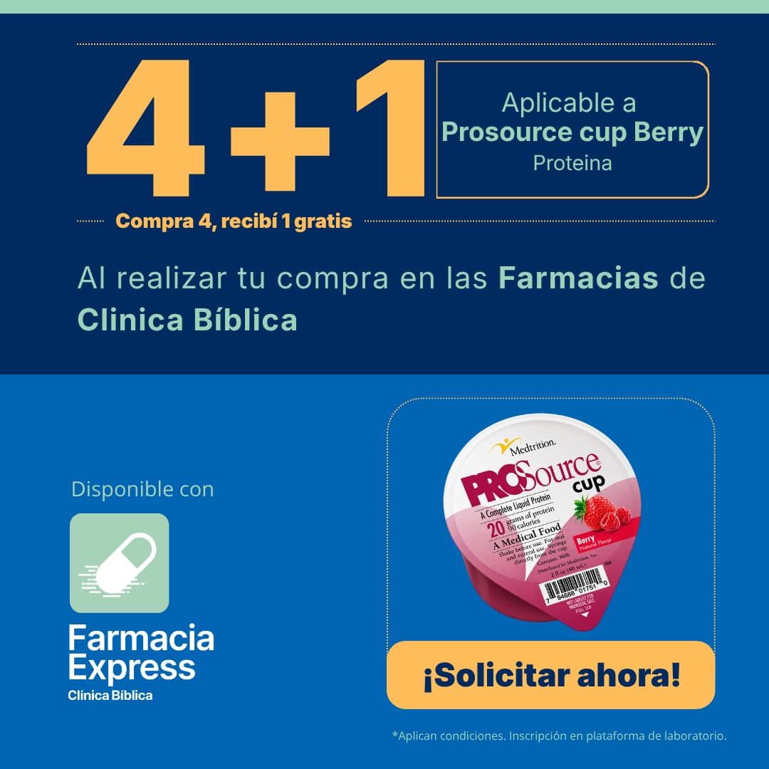 Banner promocional de la oferta 4+1 en proteína Prosource Cup Berry en Farmacias de Clínica Bíblica. Muestra un vaso de Prosource Cup sabor Berry, el logotipo de Farmacia Express y el botón Solicitar ahora.