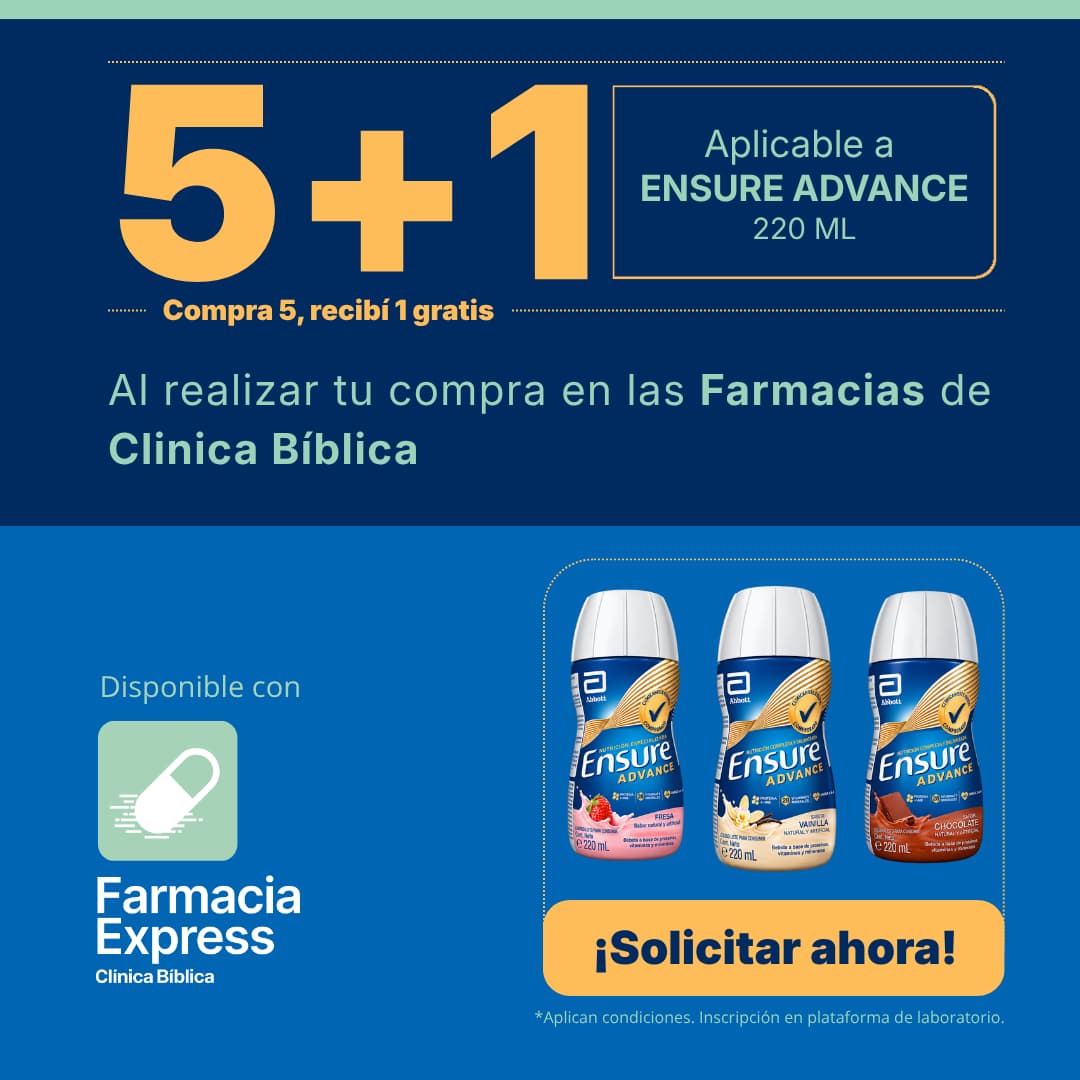 Banner promocional 5+1 en Ensure Advance 220ml de Farmacias Clínica Bíblica, mostrando botellas de sabores fresa, vainilla y chocolate, botón de solicitar ahora y disponibilidad en Farmacia Express.
