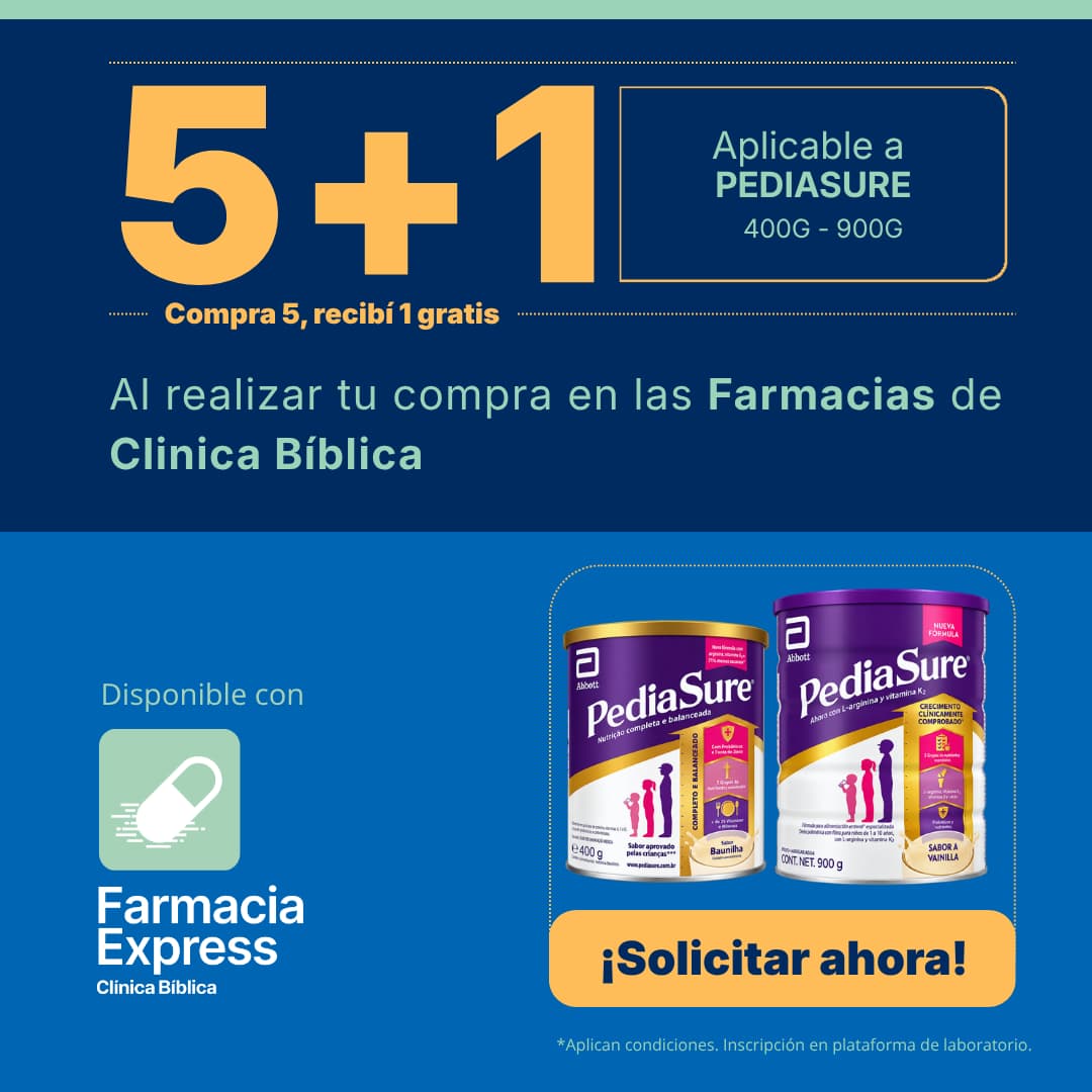Promoción 5+1 en suplemento nutricional PediaSure de 400 g y 900 g sabor vainilla para Farmacias de Clínica Bíblica y Farmacia Express, con la leyenda compra 5 y recibe 1 gratis junto a las latas del producto Abbott.