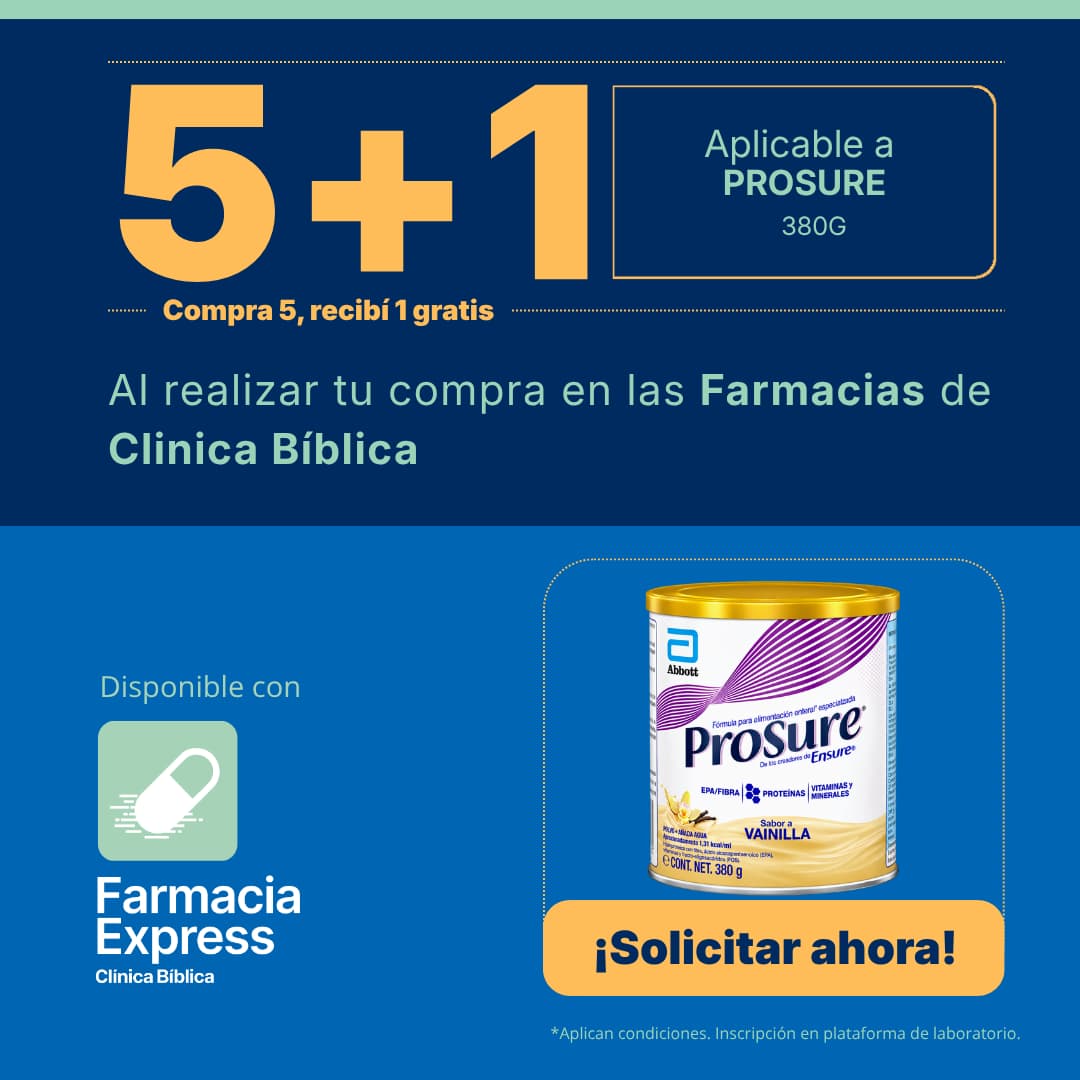 Promoción 5+1 en suplemento nutricional ProSure de 380 g sabor a vainilla para Farmacias de Clínica Bíblica y Farmacia Express, con la leyenda compra 5 y recibe 1 gratis junto a la lata del producto Abbott.