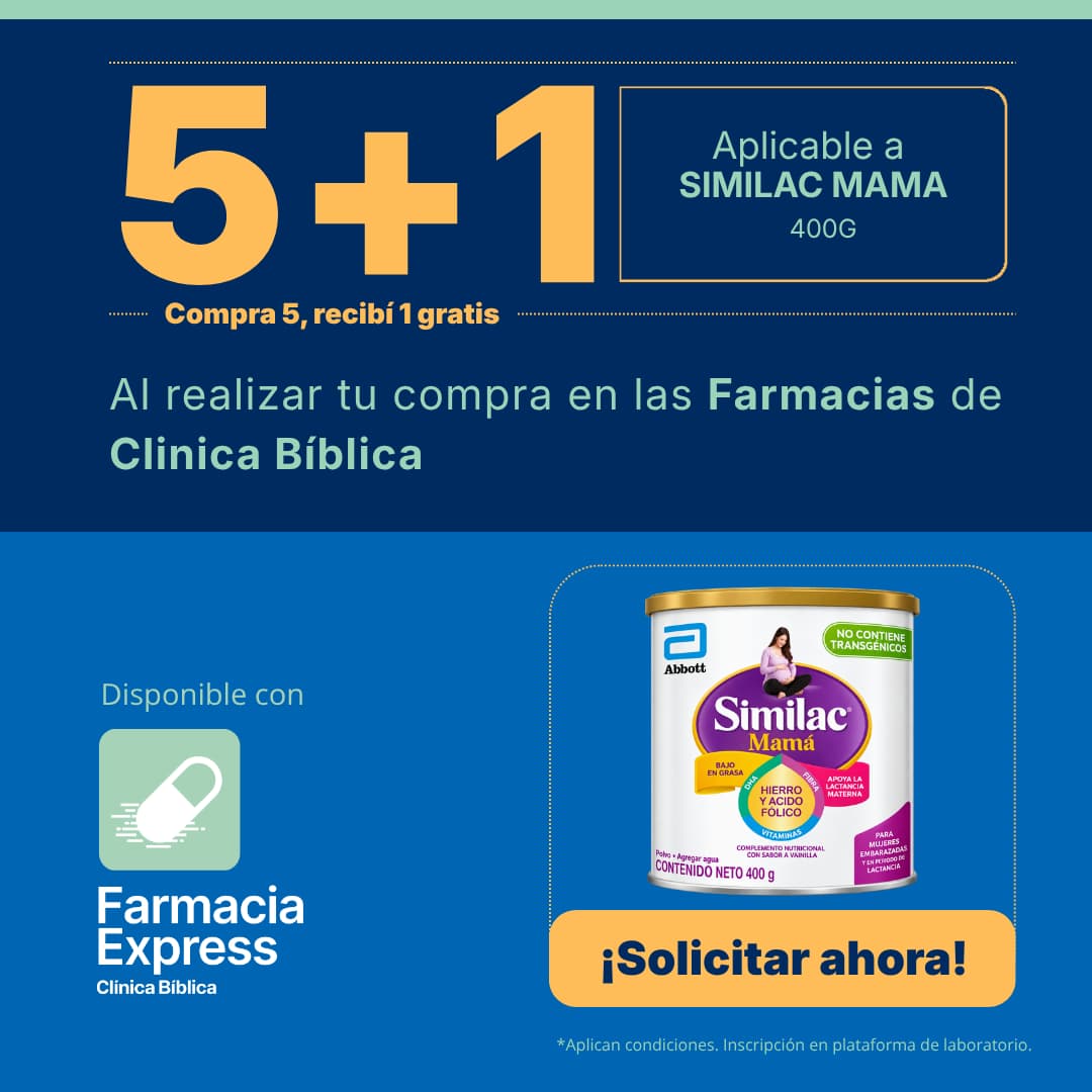 Promoción 5+1 en suplemento nutricional Similac Mamá de 400 g para Farmacias de Clínica Bíblica y Farmacia Express, con la leyenda compra 5 y recibe 1 gratis junto a la lata del producto Abbott.