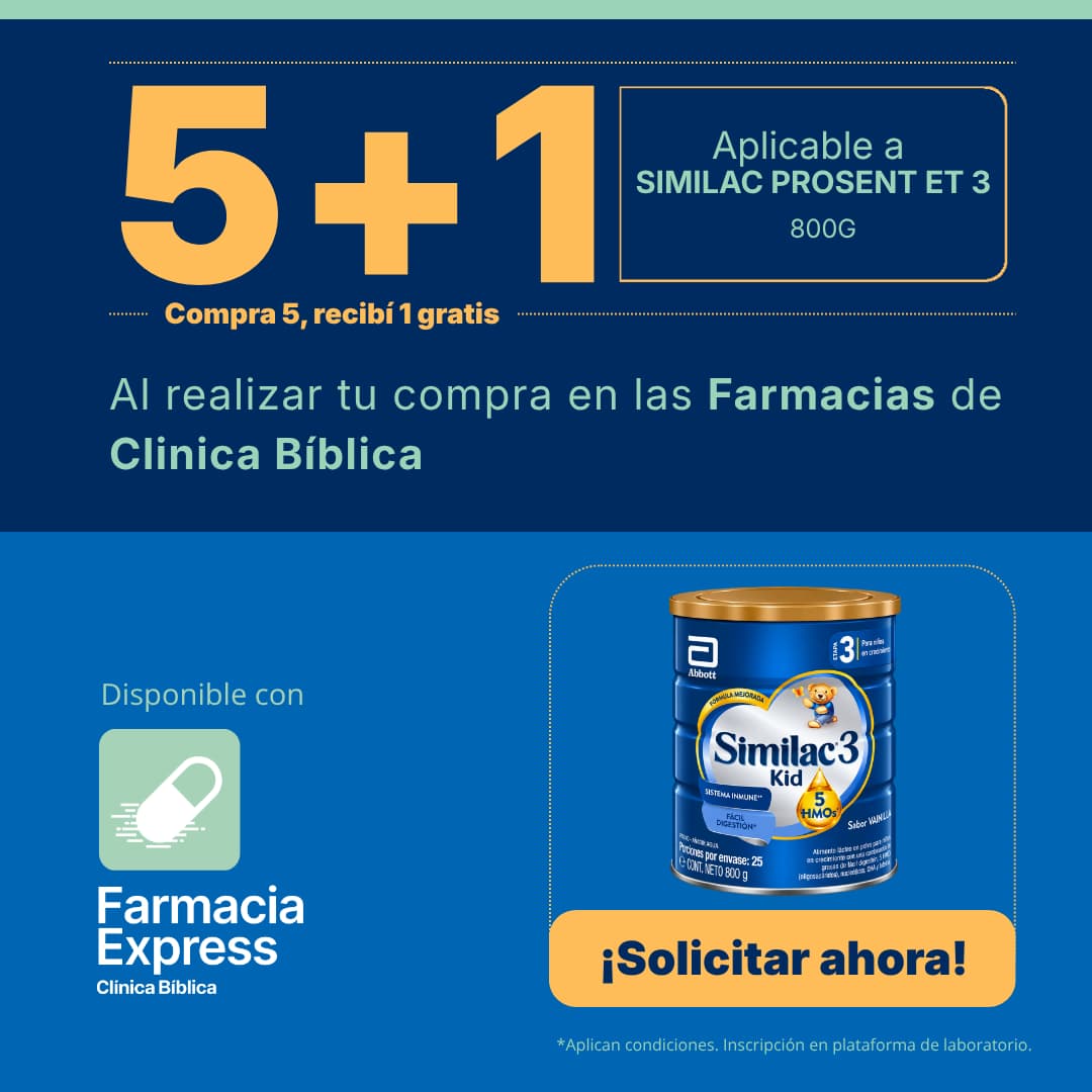 Promoción 5+1 en alimento lácteo en polvo Similac ProSentet 3 (Similac 3 Kid) de 800 g sabor vainilla para Farmacias de Clínica Bíblica y Farmacia Express, con la leyenda compra 5 y recibe 1 gratis junto a la lata del producto Abbott.