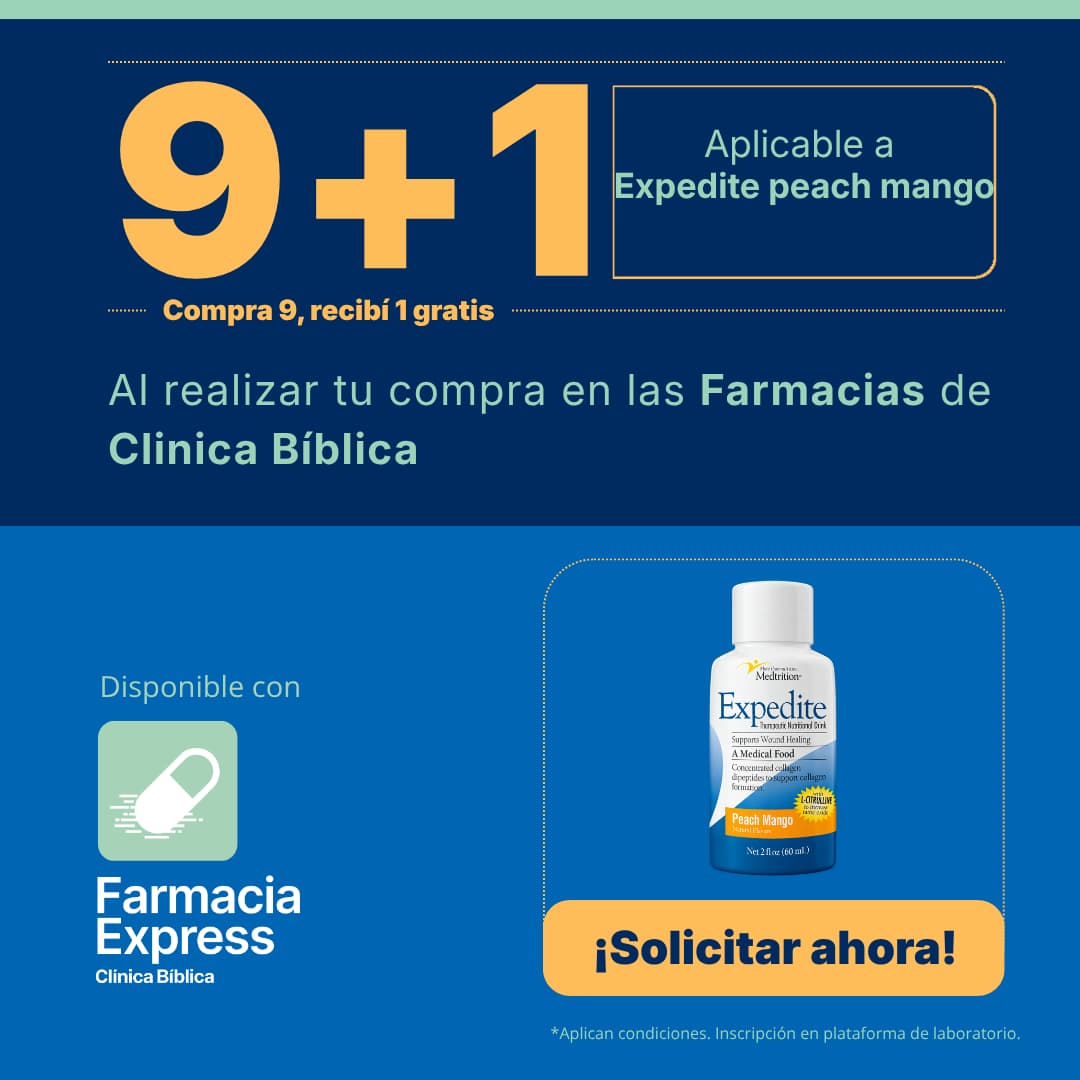 Banner promocional de la oferta 9+1 en Expedite Peach Mango en Farmacias de Clínica Bíblica. Muestra botella de bebida nutricional Expedite sabor durazno mango, el logotipo de Farmacia Express y el botón Solicitar ahora.