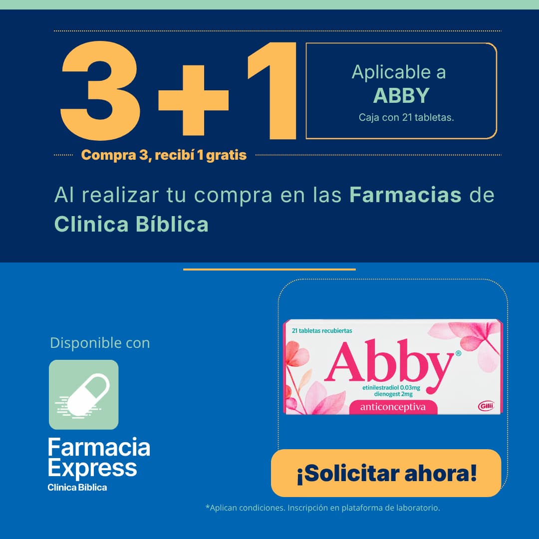 Anuncio promocional de Farmacia Express de Clínica Bíblica con oferta de 3+1 en anticonceptivo Abby de 21 tabletas, junto a la caja del producto y un botón de Solicitar ahora.