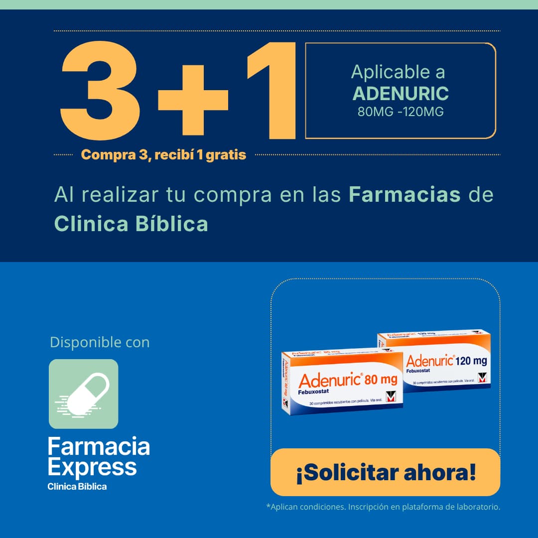 Banner promocional con oferta 3+1 en Adenuric de 80 mg y 120 mg (febuxostat) en Farmacias de Clínica Bíblica y Farmacia Express, mostrando las cajas del medicamento.
