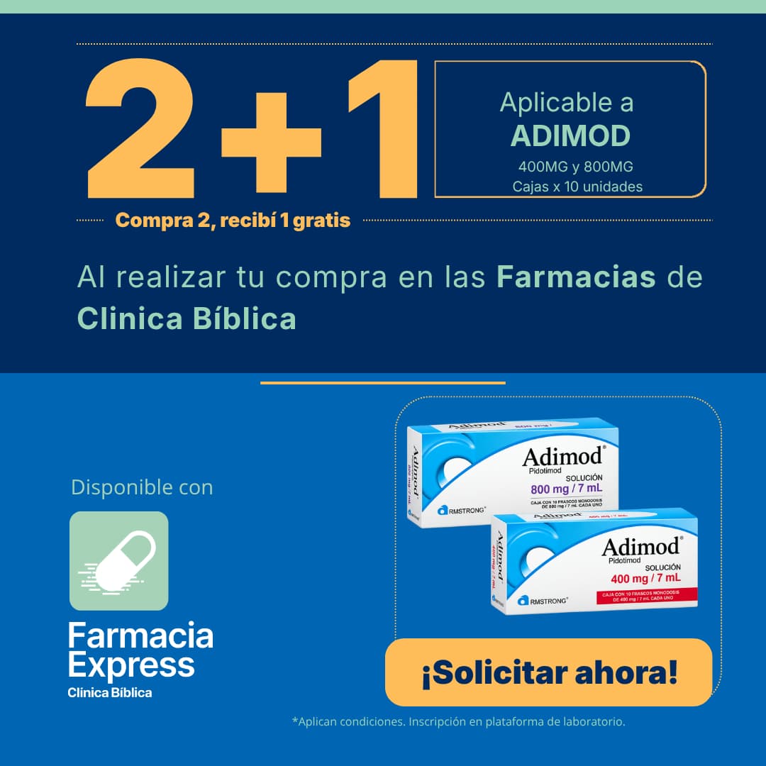 Anuncio promocional de Farmacia Express de Clínica Bíblica con oferta de 2+1 en medicamento Adimod de 400mg y 800mg, junto a las cajas del producto y un botón de Solicitar ahora.