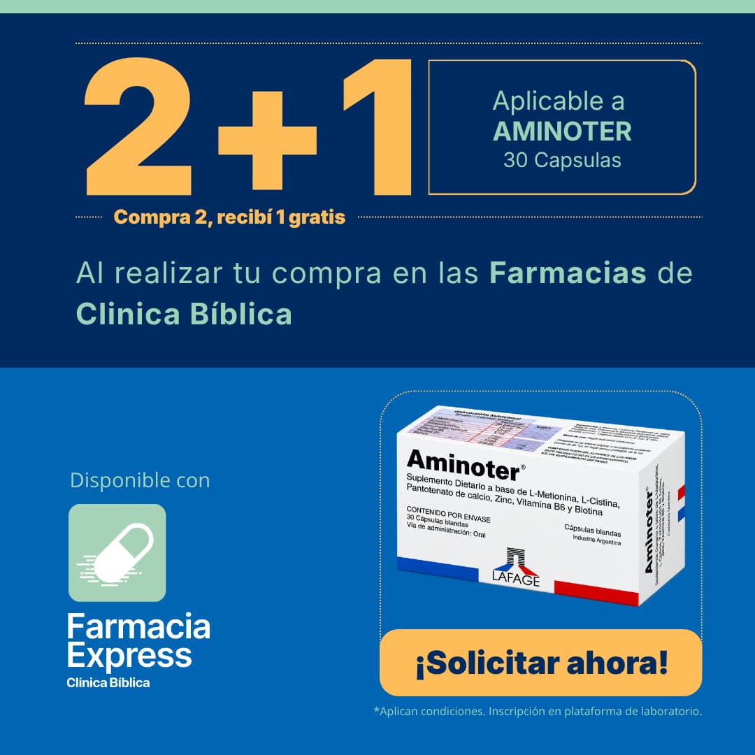 Imagen promocional con oferta 2+1 en Aminoter de 30 cápsulas en Farmacias de Clínica Bíblica y Farmacia Express, mostrando la caja del suplemento dietario de laboratorio Lafage.