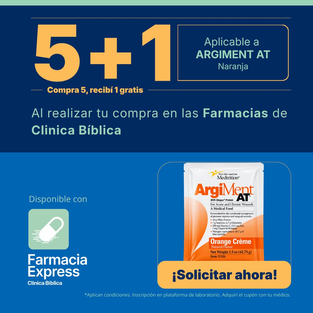 Anuncio promocional de Farmacia Express de Clínica Bíblica con oferta de 5+1 en producto Argiment AT sabor naranja, junto al sobre del producto y un botón de Solicitar ahora.