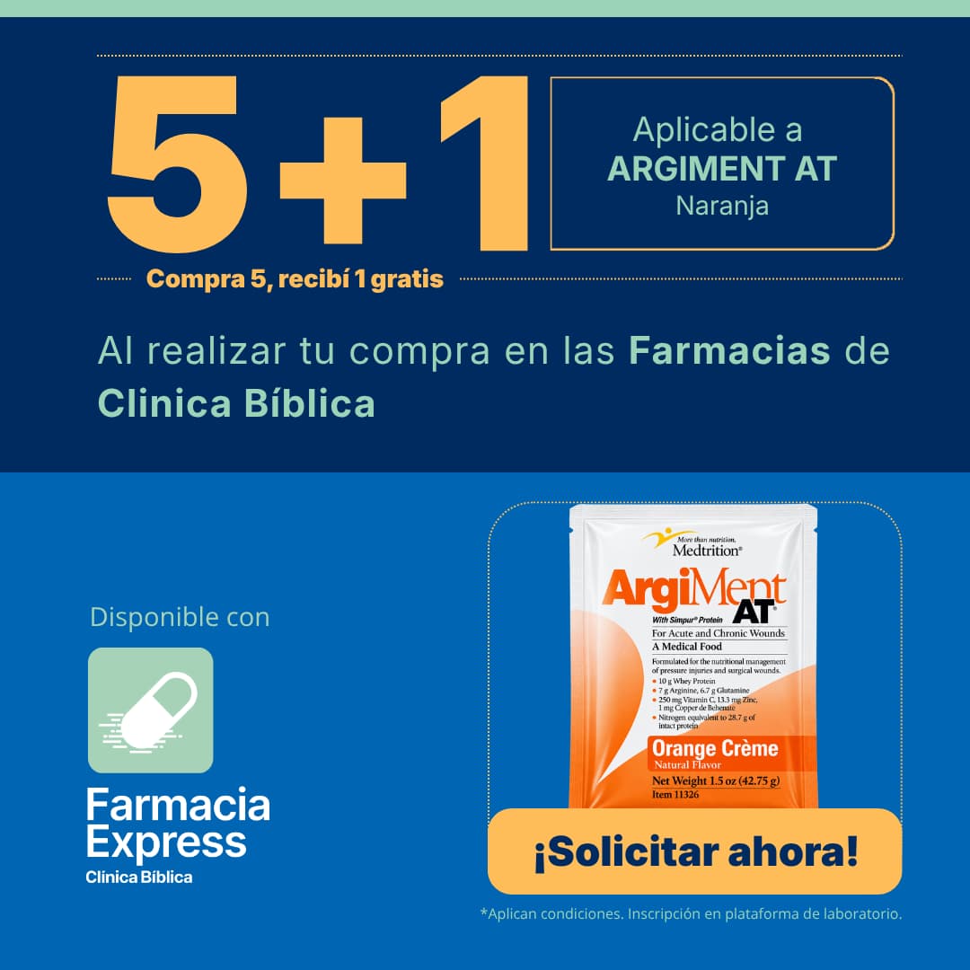Imagen promocional con oferta 5+1 en ArgiMent AT sabor naranja en Farmacias de Clínica Bíblica y Farmacia Express, mostrando el sobre de 42.75 g del suplemento.