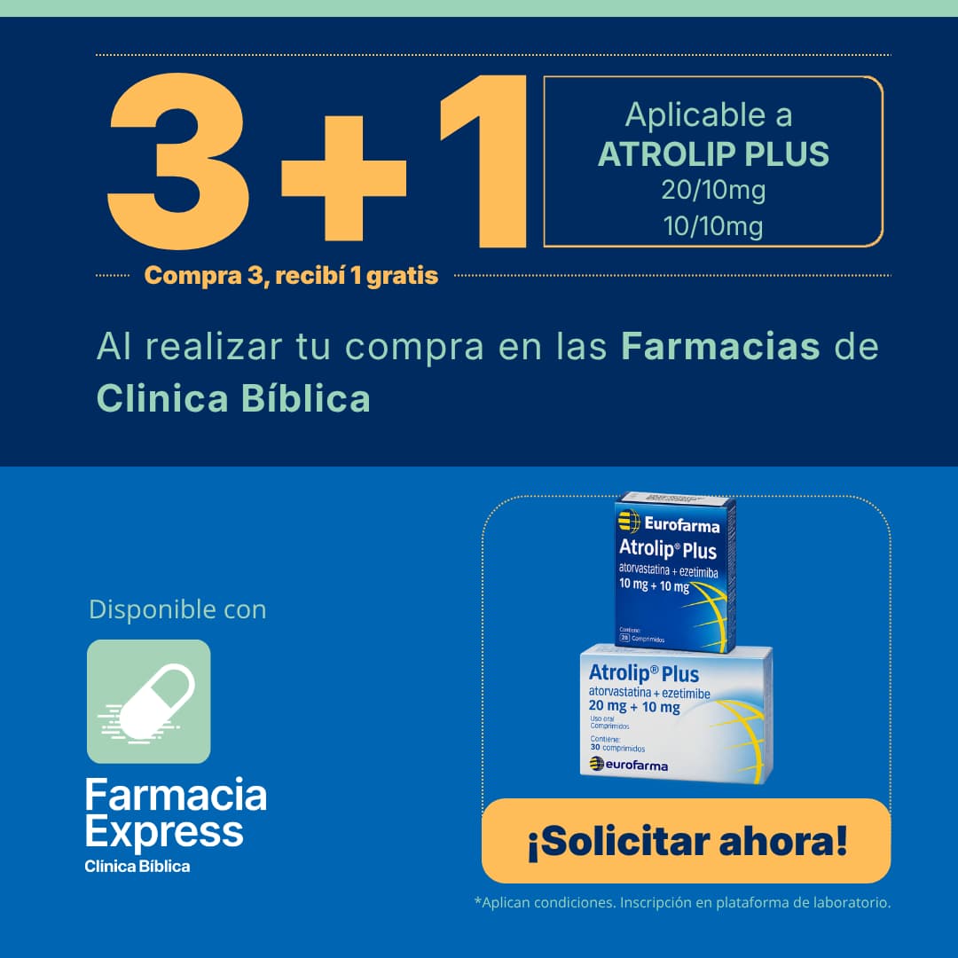 Imagen promocional con oferta 3+1 en Atrolip Plus de 10/10 mg y 20/10 mg (atorvastatina y ezetimiba) en Farmacias de Clínica Bíblica y Farmacia Express, mostrando las cajas del medicamento de laboratorio Eurofarma.