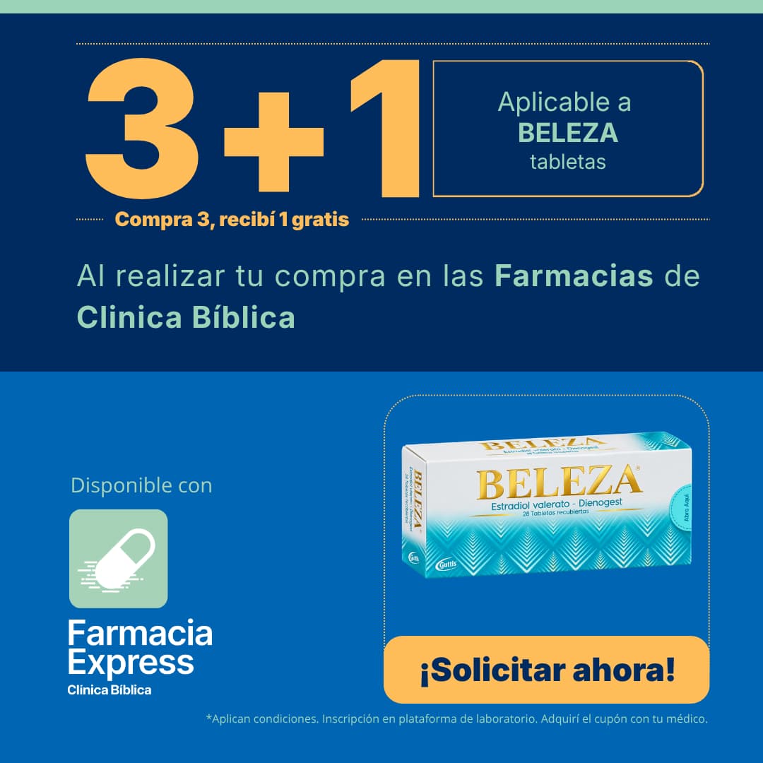 Imagen promocional con oferta 3+1 en Beleza tabletas (estradiol valerato y dienogest) en Farmacias de Clínica Bíblica y Farmacia Express, mostrando la caja del medicamento de laboratorio Guttis.