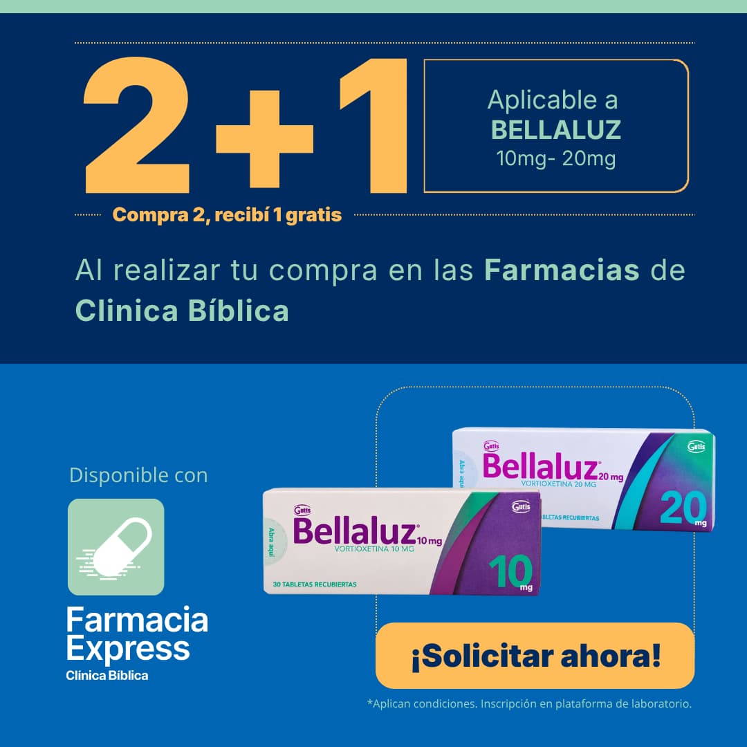 Imagen promocional con oferta 2+1 en Bellaluz de 10 mg y 20 mg (vortioxetina) en Farmacias de Clínica Bíblica y Farmacia Express, mostrando las cajas del medicamento de laboratorio Guttis.