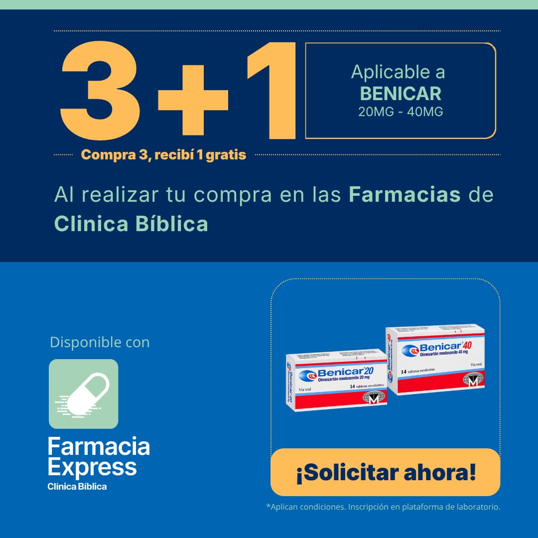 Imagen promocional con oferta 3+1 en Benicar de 20 mg y 40 mg (olmesartán medoxomilo) en Farmacias de Clínica Bíblica y Farmacia Express, mostrando las cajas del medicamento.