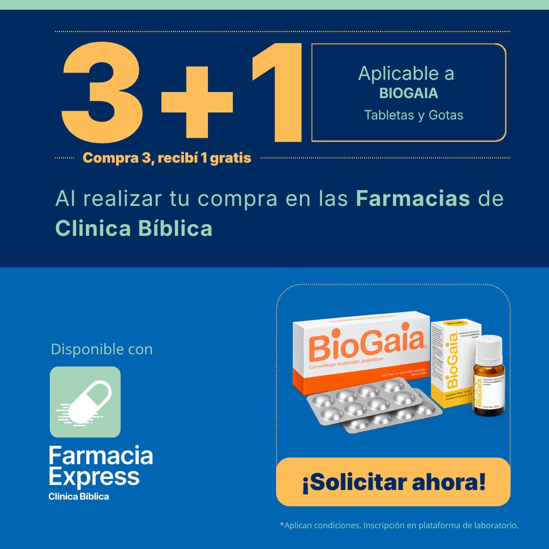 Imagen promocional de BioGaia con oferta 3+1 en tabletas y gotas probióticas en Farmacias de Clínica Bíblica y Farmacia Express, mostrando empaques de comprimidos y frasco en gotas.