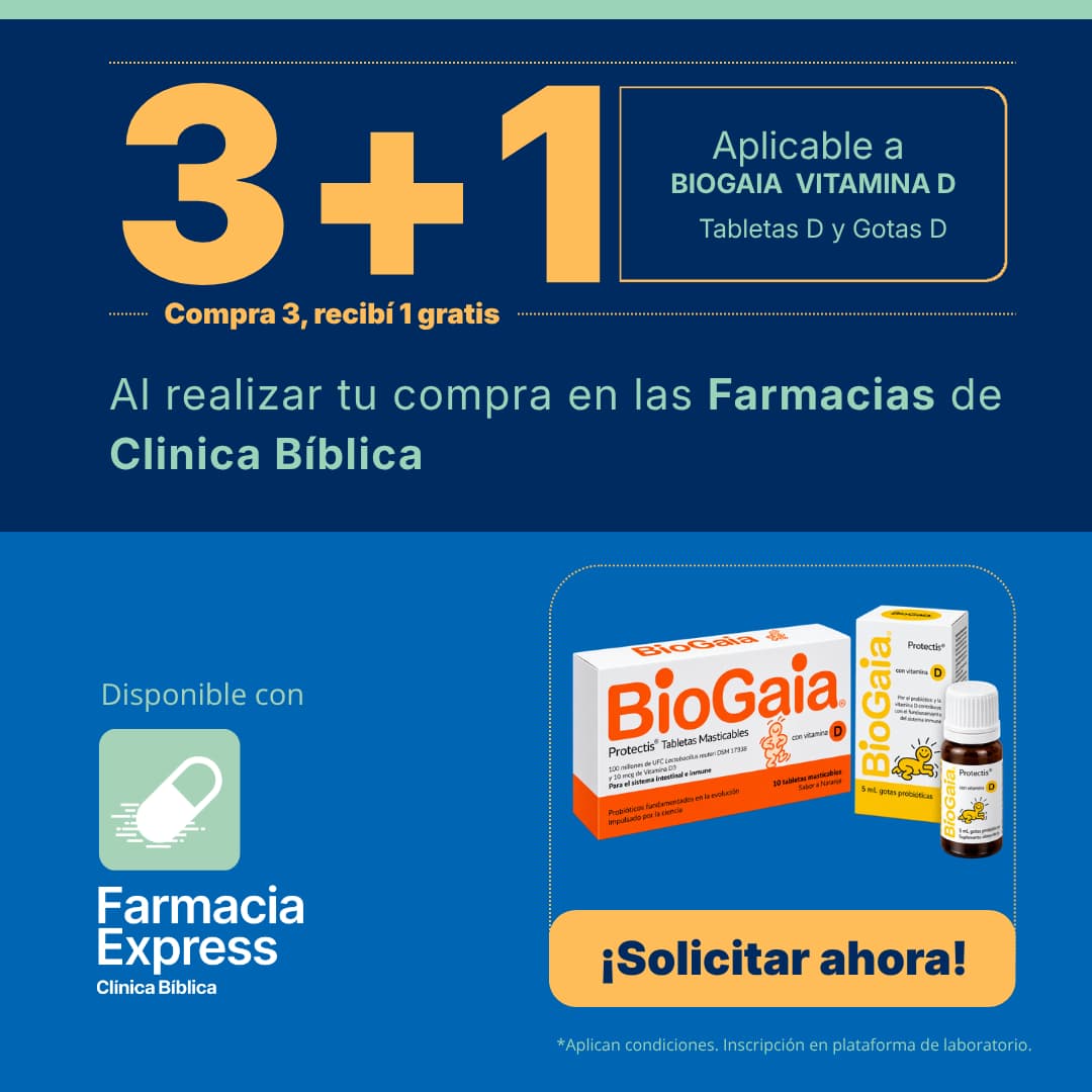Imagen promocional de BioGaia Vitamina D con oferta 3+1 en tabletas masticables y gotas en Farmacias de Clínica Bíblica y Farmacia Express, mostrando los empaques del producto probiótico.