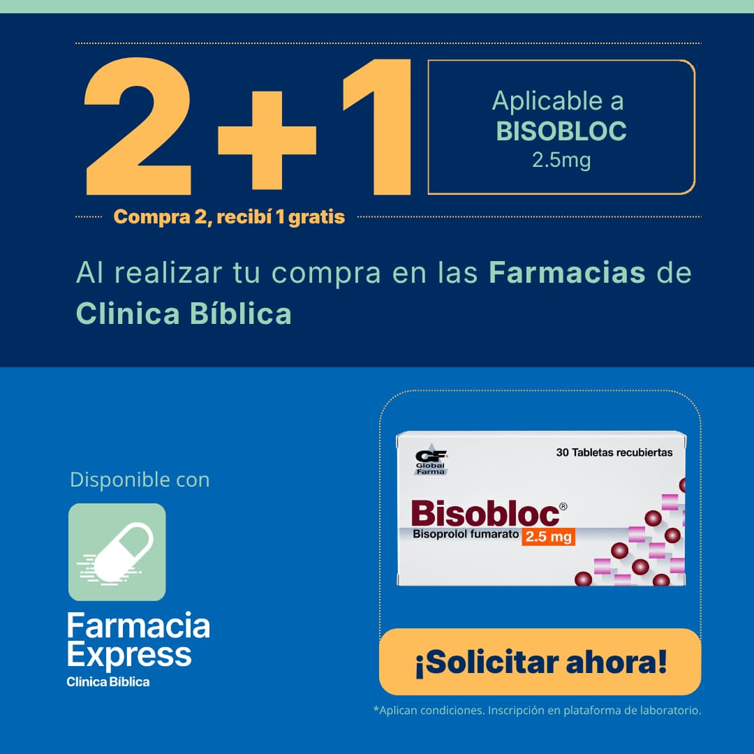 Imagen promocional con oferta 2+1 en Bisobloc de 2.5 mg (bisoprolol fumarato) en Farmacias de Clínica Bíblica y Farmacia Express, mostrando la caja del medicamento de laboratorio Global Farma.