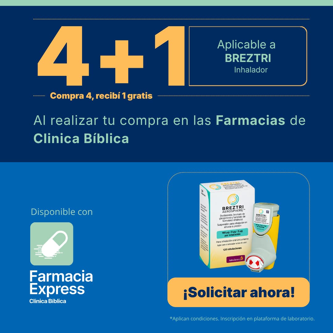 Imagen promocional con oferta 4+1 en Breztri Inhalador en Farmacias de Clínica Bíblica y Farmacia Express, mostrando la caja y el inhalador del medicamento de laboratorio AstraZeneca.