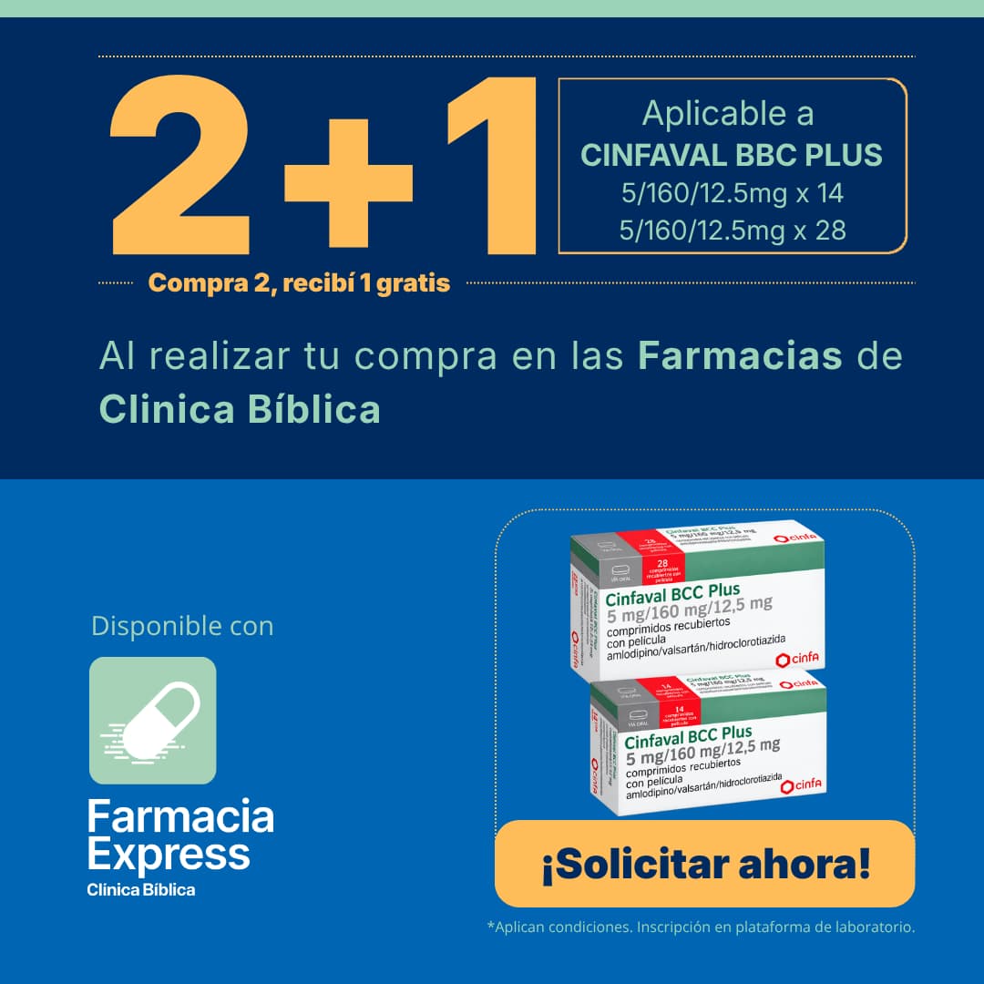 Imagen promocional con oferta 2+1 en Cinfaval BBC Plus de 5/160/12.5 mg en Farmacias de Clínica Bíblica y Farmacia Express, mostrando las cajas del medicamento de laboratorio Cinfa.