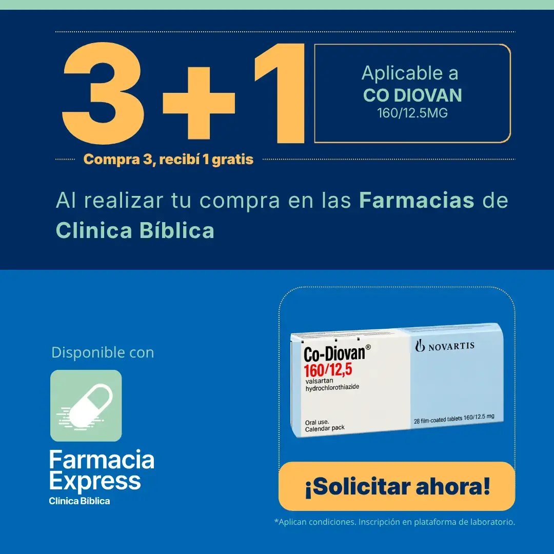 Imagen promocional con oferta 3+1 en Co Diovan de 160/12.5 mg (valsartán e hidroclorotiazida) en Farmacias de Clínica Bíblica y Farmacia Express, mostrando la caja de 28 comprimidos recubiertos del medicamento.