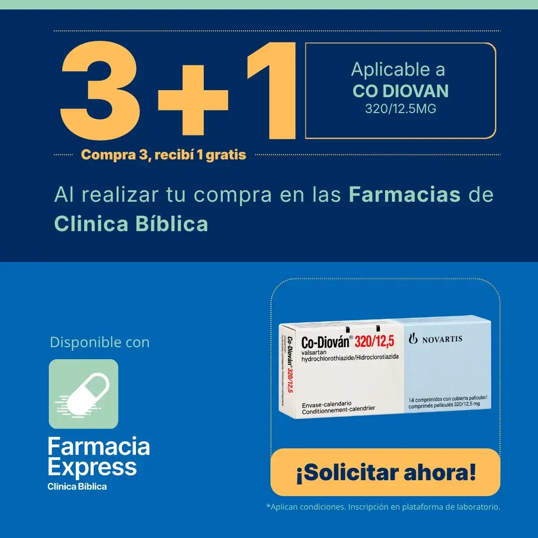 Imagen promocional con oferta 3+1 en Co Diovan de 320/12.5 mg (valsartán e hidroclorotiazida) en Farmacias de Clínica Bíblica y Farmacia Express, mostrando la caja de 14 comprimidos del medicamento.