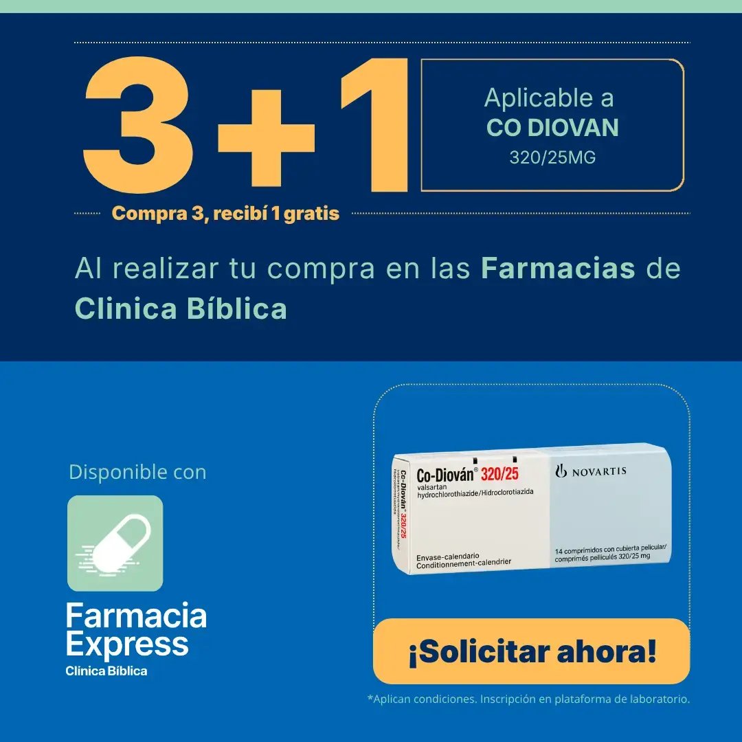 Imagen promocional con oferta 3+1 en Co Diovan de 320/25 mg (valsartán e hidroclorotiazida) en Farmacias de Clínica Bíblica y Farmacia Express, mostrando la caja de 14 comprimidos del medicamento.